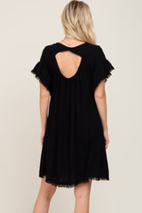 Black Frayed Trim Back Keyhole Linen Dress