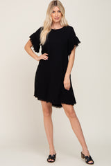 Black Frayed Trim Back Keyhole Linen Dress