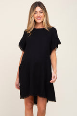 Black Frayed Trim Back Keyhole Linen Maternity Dress