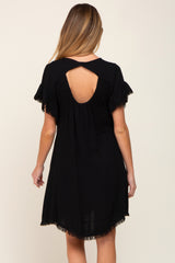 Black Frayed Trim Back Keyhole Linen Maternity Dress