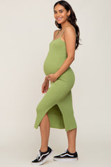 Light Olive Ribbed Knit Side Slit Maternity Midi Dress