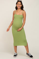 Light Olive Ribbed Knit Side Slit Maternity Midi Dress