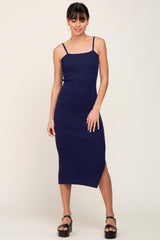 Navy Ribbed Knit Side Slit Maternity Midi Dress