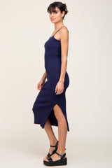 Navy Ribbed Knit Side Slit Midi Dress