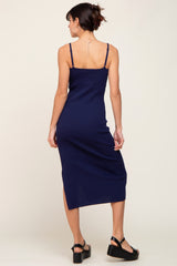 Navy Ribbed Knit Side Slit Midi Dress