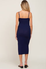 Navy Ribbed Knit Side Slit Maternity Midi Dress