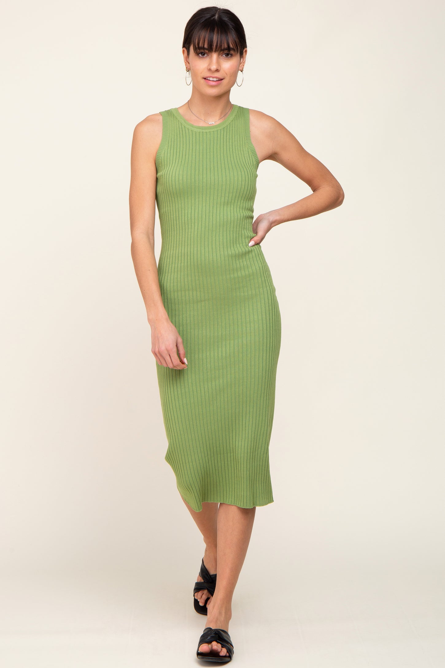 Light Olive Ribbed Racerback Midi Dress