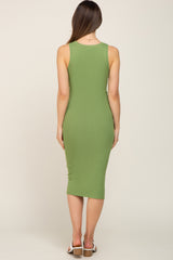 Light Olive Ribbed Racerback Maternity Midi Dress