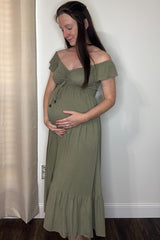 Olive Smocked Ruched Ruffle Hem Maternity Maxi Dress