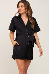 Black Satin Button Down Maternity Romper