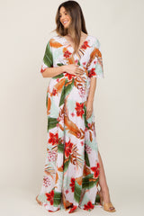 White Floral Smocked Waist Maternity Maxi Dress