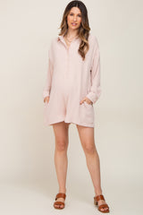 Beige Long Sleeve Button Down Maternity Romper