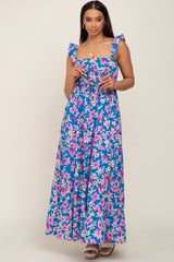 Royal Blue Floral Square Neck Ruffle Tiered Maternity Maxi Dress