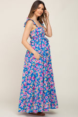 Royal Blue Floral Square Neck Ruffle Tiered Maternity Maxi Dress