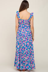 Royal Blue Floral Square Neck Ruffle Tiered Maternity Maxi Dress