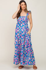 Royal Blue Floral Square Neck Ruffle Tiered Maternity Maxi Dress