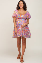 Purple Floral Chiffon Smocked Tiered Maternity Dress