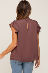 Brown Mock Neck Flutter Blouse