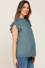 Dark Teal Mock Neck Flutter Maternity Blouse