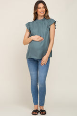 Dark Teal Mock Neck Flutter Maternity Blouse