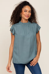 Dark Teal Mock Neck Flutter Maternity Blouse