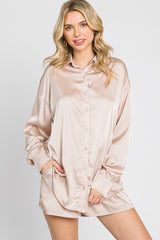Light Taupe Button Up and Short Satin Set