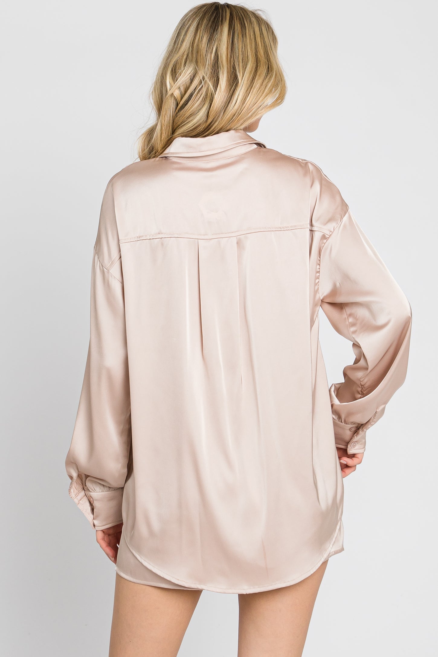 Light Taupe Button Up and Short Satin Set