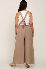 Beige Wide Leg Tie Back Maternity Overalls