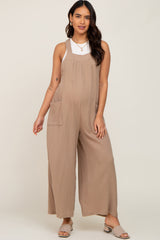 Beige Wide Leg Tie Back Maternity Overalls