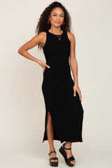 Black Ribbed Maternity Side Slit Tank Dress