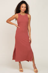 Rust Ribbed Maternity Side Slit Tank Dress