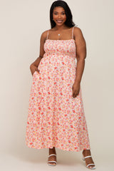 Peach Square Neck Smocked Plus Midi Dress