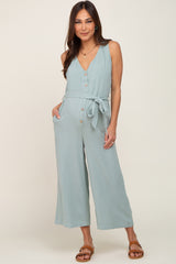 Mint Green Sleeveless Button Front Maternity Cropped Jumpsuit