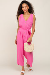 Pink Sleeveless Button Front Cropped Jumpsuit