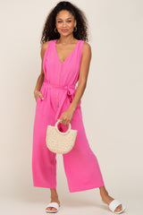 Pink Sleeveless Button Front Maternity Cropped Jumpsuit