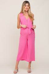 Pink Sleeveless Button Front Maternity Cropped Jumpsuit