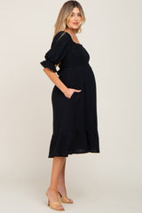 Black Smocked Puff Sleeve Maternity Midi Dress