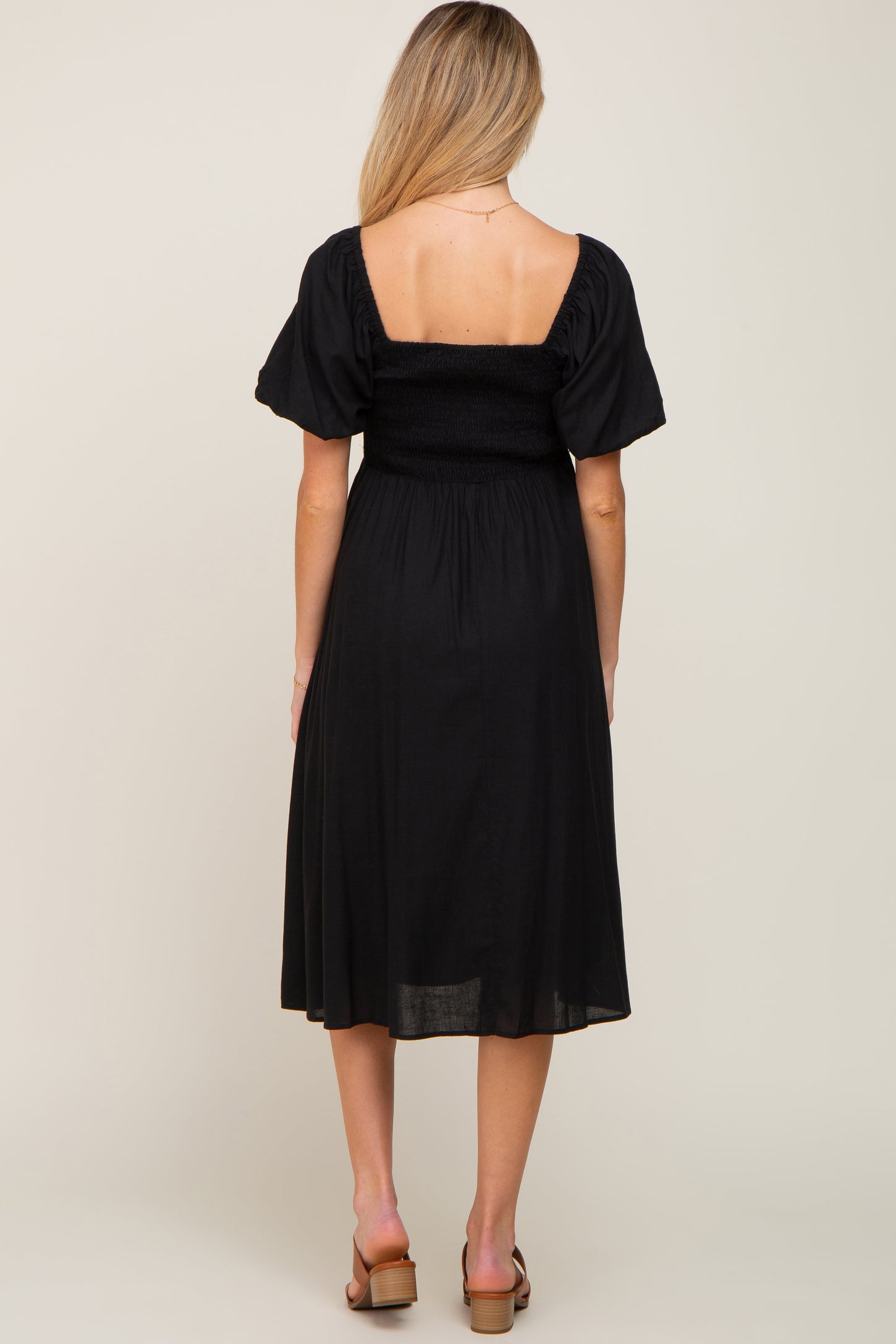 Black Smocked Puff Sleeve Maternity Midi Dress
