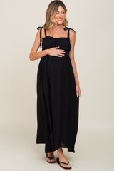 Black Sleeveless Ruffle Trim Maternity Maxi Dress