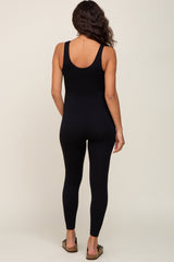 Black V-Neck Seamless Ribbed Fitted Maternity Jumpsuit