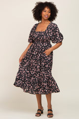 Black Floral Smocked Maternity Midi Dress