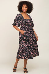 Black Floral Smocked Midi Dress