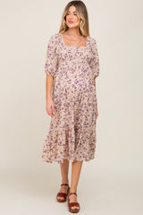 Cream Floral Smocked Maternity Midi Dress