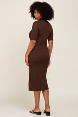 Brown Ribbed Mock Neck Midi Dress