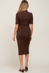 Brown Ribbed Mock Neck Maternity Midi Dress