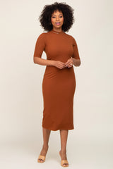 Mocha Ribbed Mock Neck Midi Dress