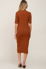 Mocha Ribbed Mock Neck Maternity Midi Dress