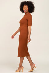 Mocha Ribbed Mock Neck Midi Dress