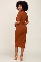 Mocha Ribbed Mock Neck Midi Dress