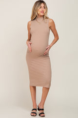 Taupe Ribbed Sleeveless Mock Neck Maternity Midi Dress